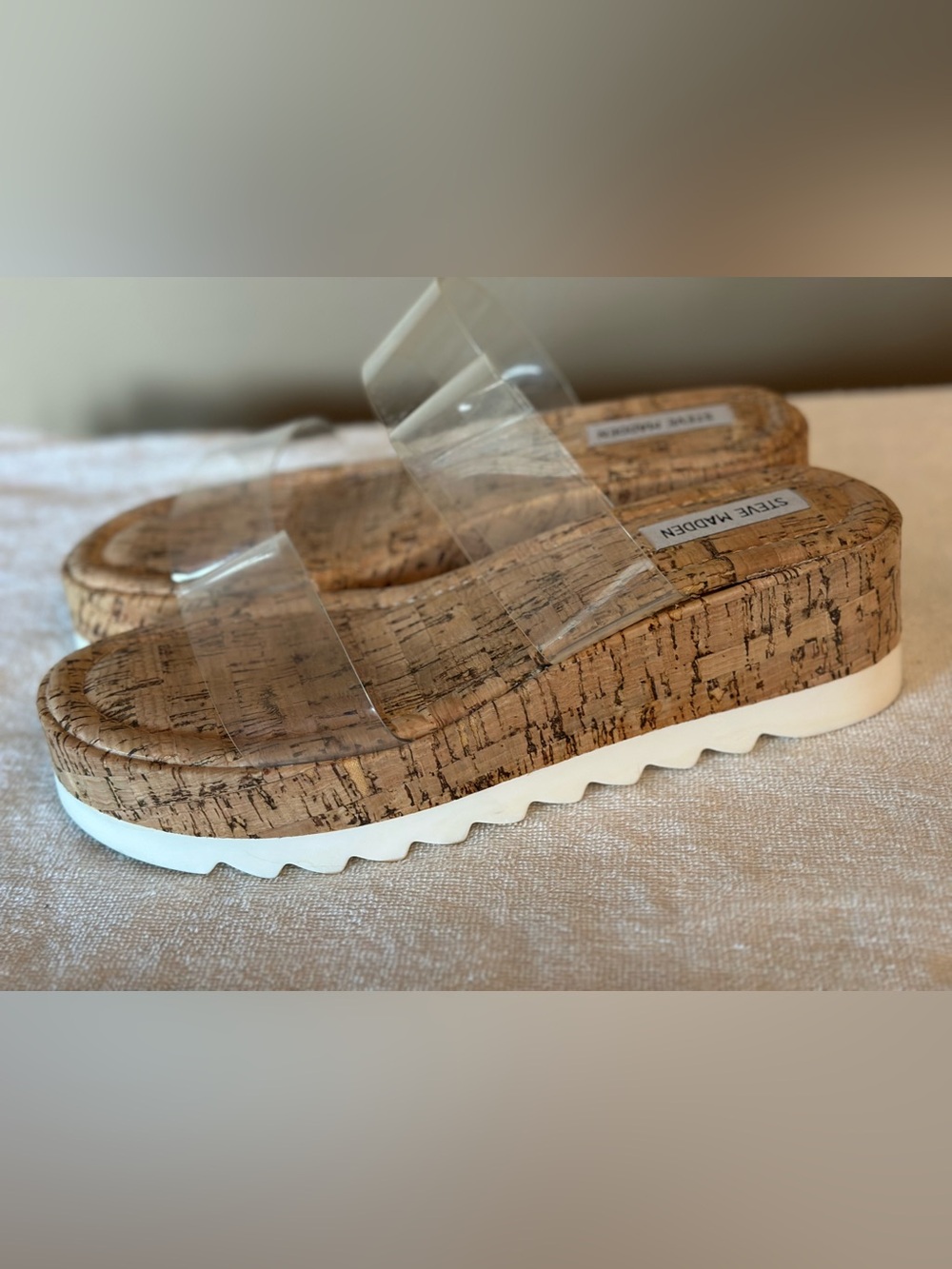 🤎✨ Steve Madden Cork Platform Slide Sandals | Women’s Size 10 | Clear Strap - Picture 3 of 7